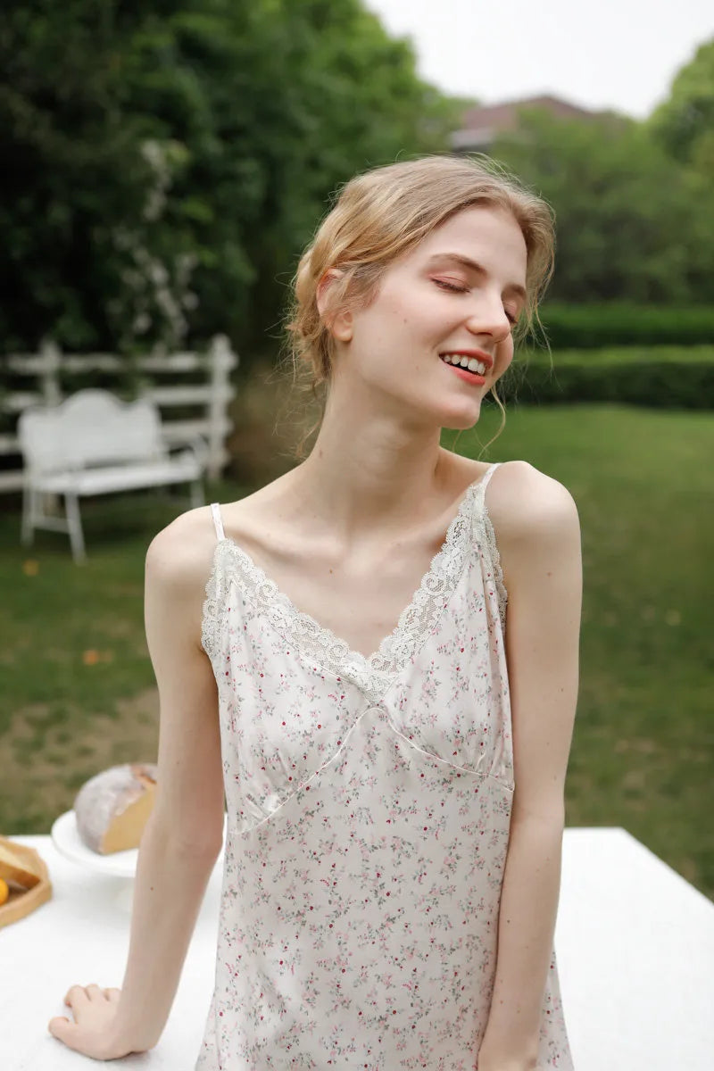 RoomDen White Floral Cotton Sateen Slip Nightgown with lace trim coquette style