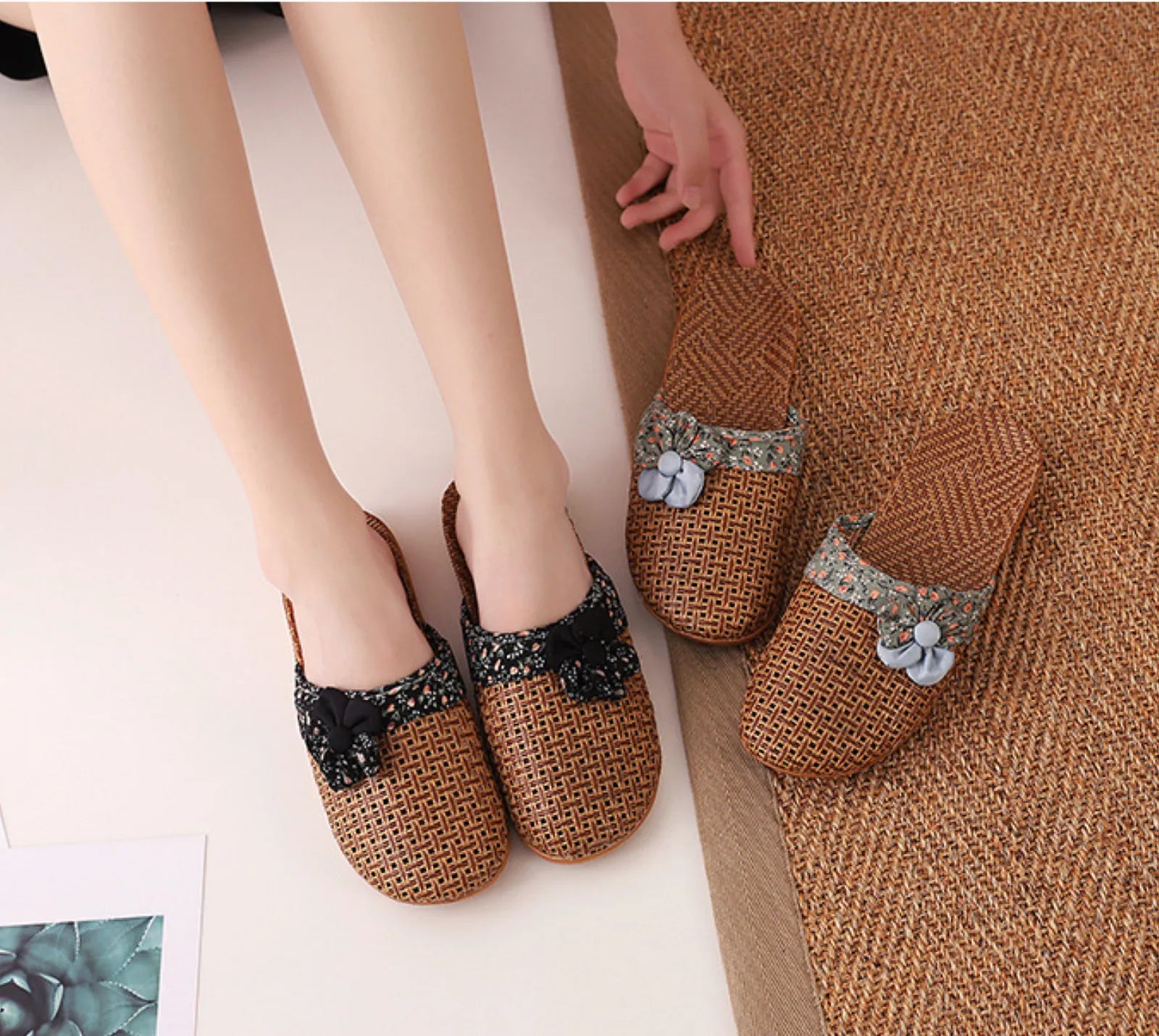 Model wearing Sage Green and Black Floral Rattan Slippers on feet - RoomDen