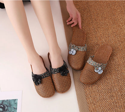 Model wearing Sage Green and Black Floral Rattan Slippers on feet - RoomDen