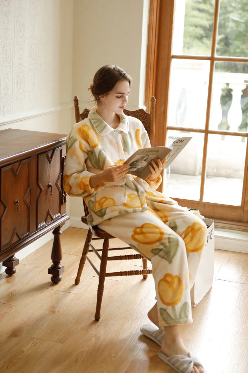 Full Body Shot of Beige Floral Fleece Pajamas Sitting on Chair - RoomDen