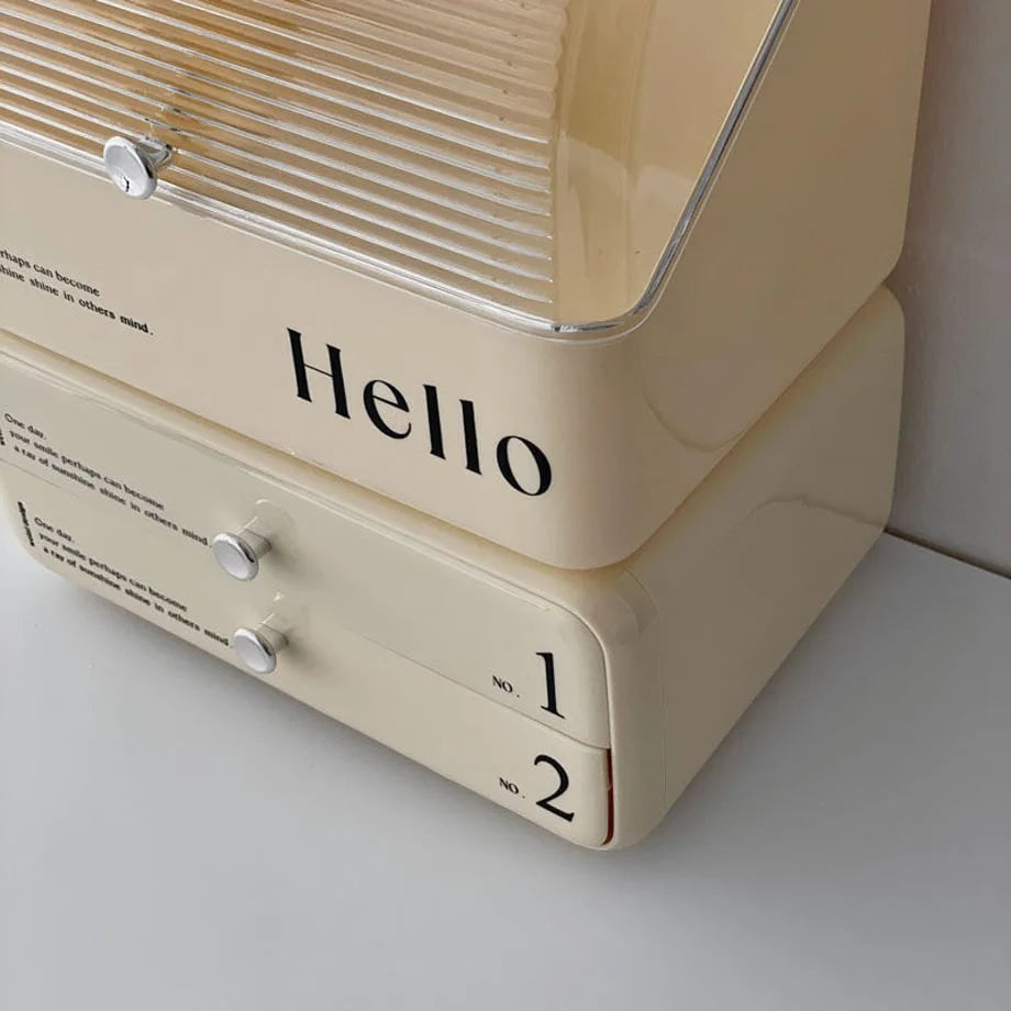Close-up detail of the 'Hello' text and chrome-like knob on the vintage-style makeup organizer.