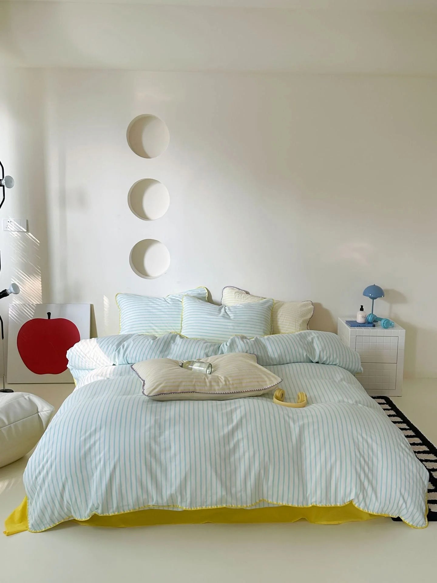 Sky Blue Striped Bedding Set with Yellow Contrast Trim - RoomDen