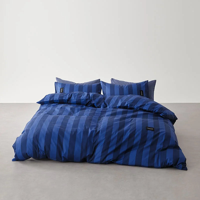 Full bed view of Navy & Blue Striped Bedding Set - RoomDen