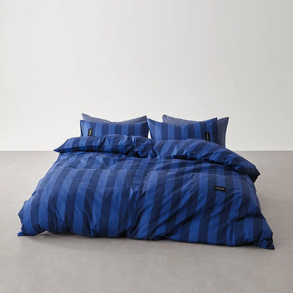 Full bed view of Navy & Blue Striped Bedding Set - RoomDen