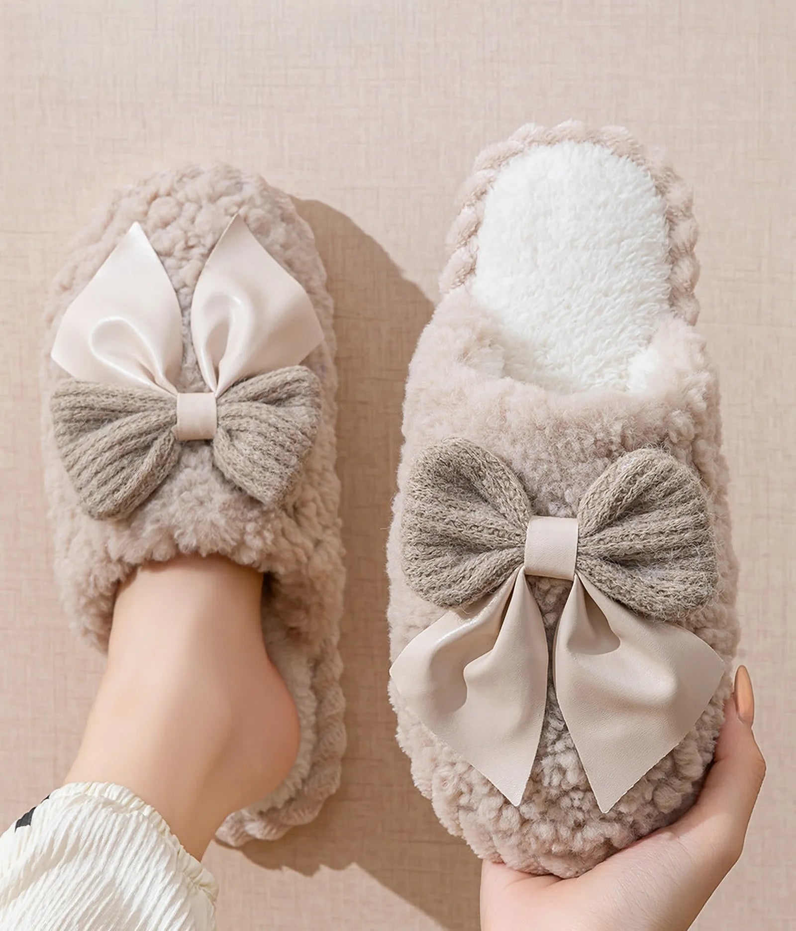 Model wearing Beige Plush Textured Fleece House Slippers - RoomDen