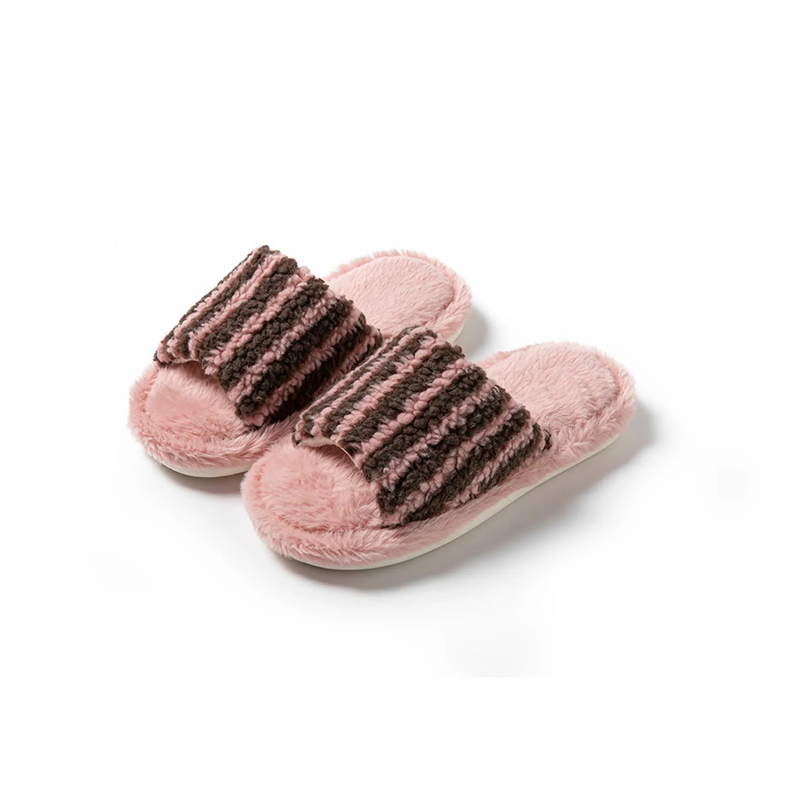 Alternate view of Brown and Blue striped fuzzy slides isolated on white background - RoomDen
