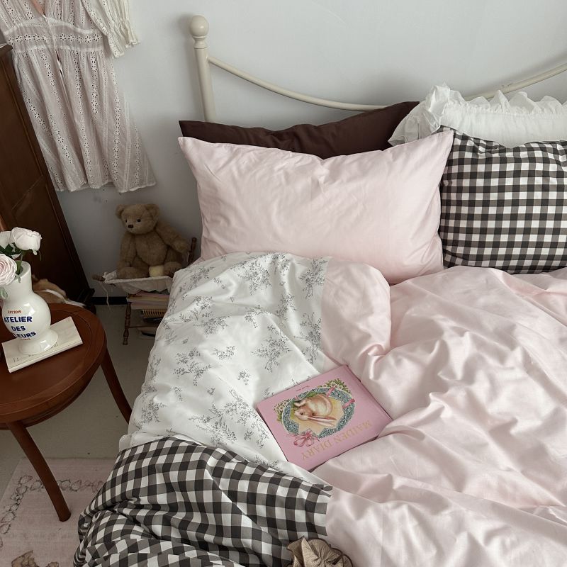 Perrine Gingham Washed Cotton Bedding Set - Soft Mocha Pink