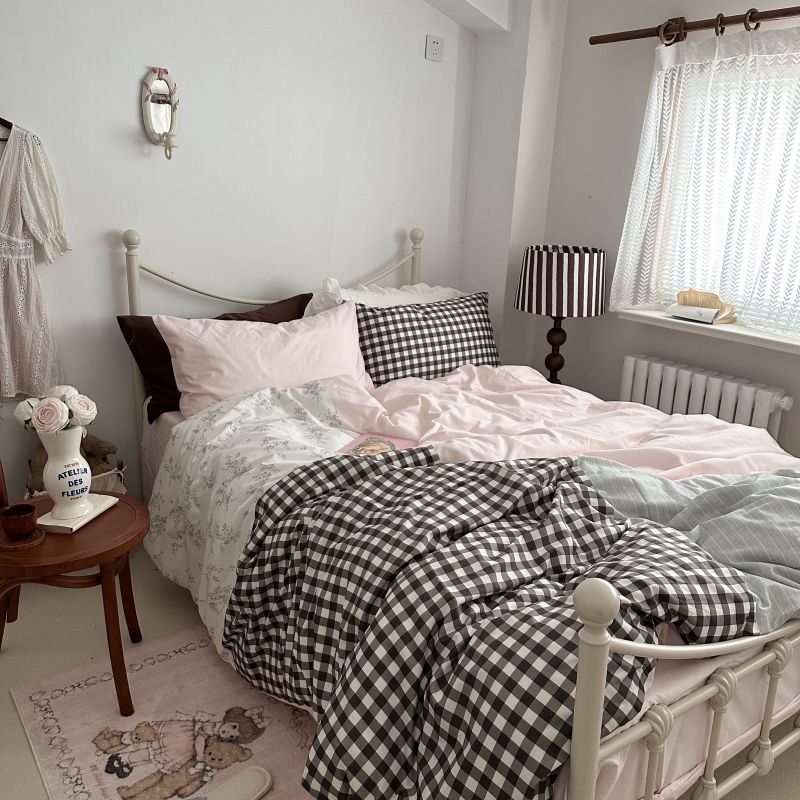 Perrine Gingham Washed Cotton Bedding Set - Soft Mocha Pink