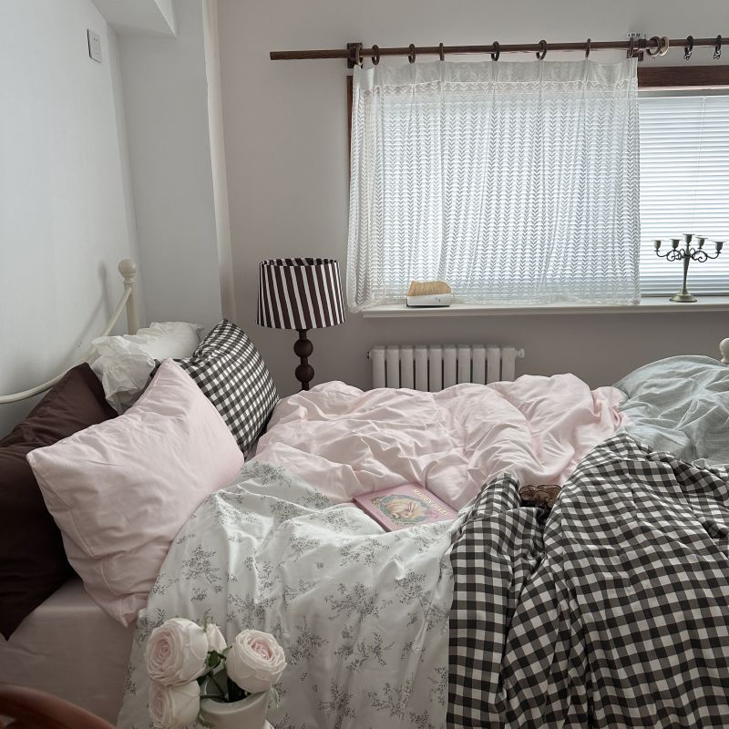 Perrine Gingham Washed Cotton Bedding Set - Soft Mocha Pink