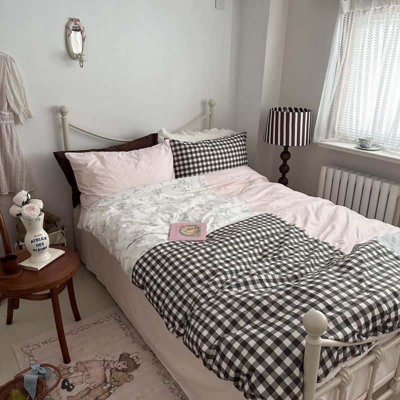 Perrine Gingham Washed Cotton Bedding Set - Soft Mocha Pink