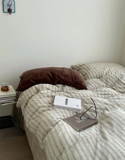 RoomDen Plush Pinstripe Flannel Fleece Bedding Set - Beige Striped Variant - Warm Neutral Decor