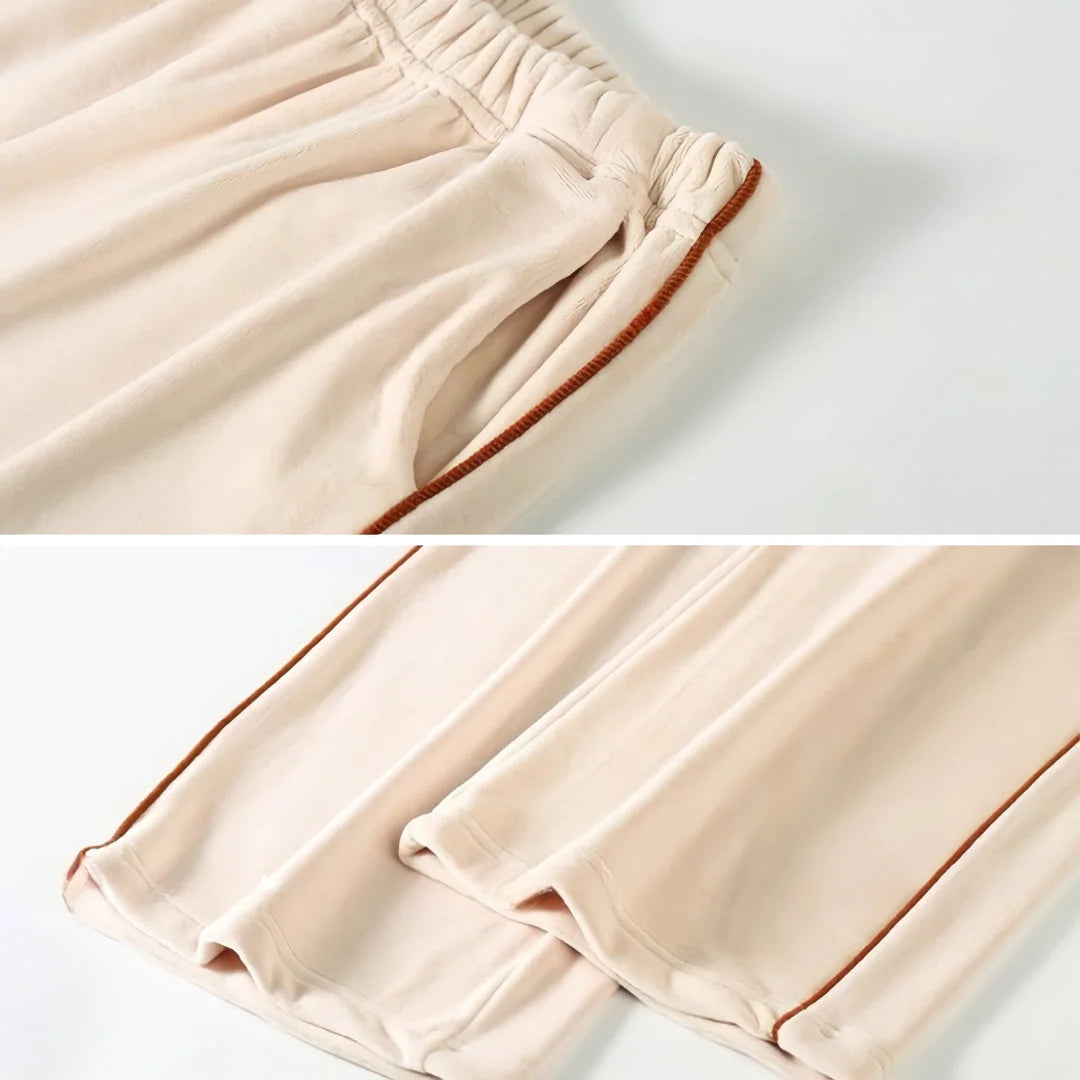 Close-up collage of the pajama pants, highlighting the elastic waistband, pocket detail, and piped side seam. - RoomDen