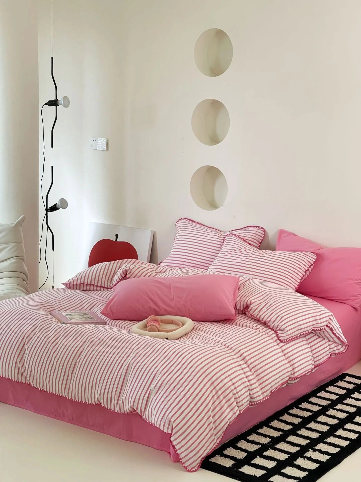 Side View of Red Striped Bedding Set with Pink Contrast Trim - RoomDen