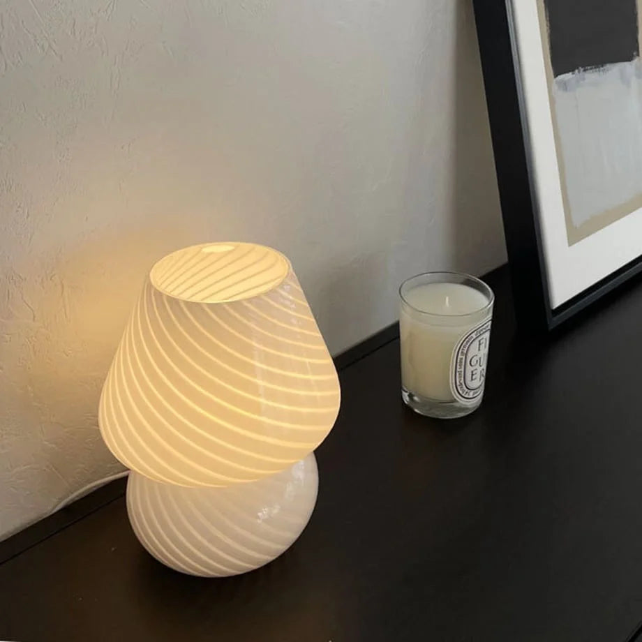 Top-down view highlighting the striped pattern of the Swirled Glass Mushroom Lamp's glass shade.