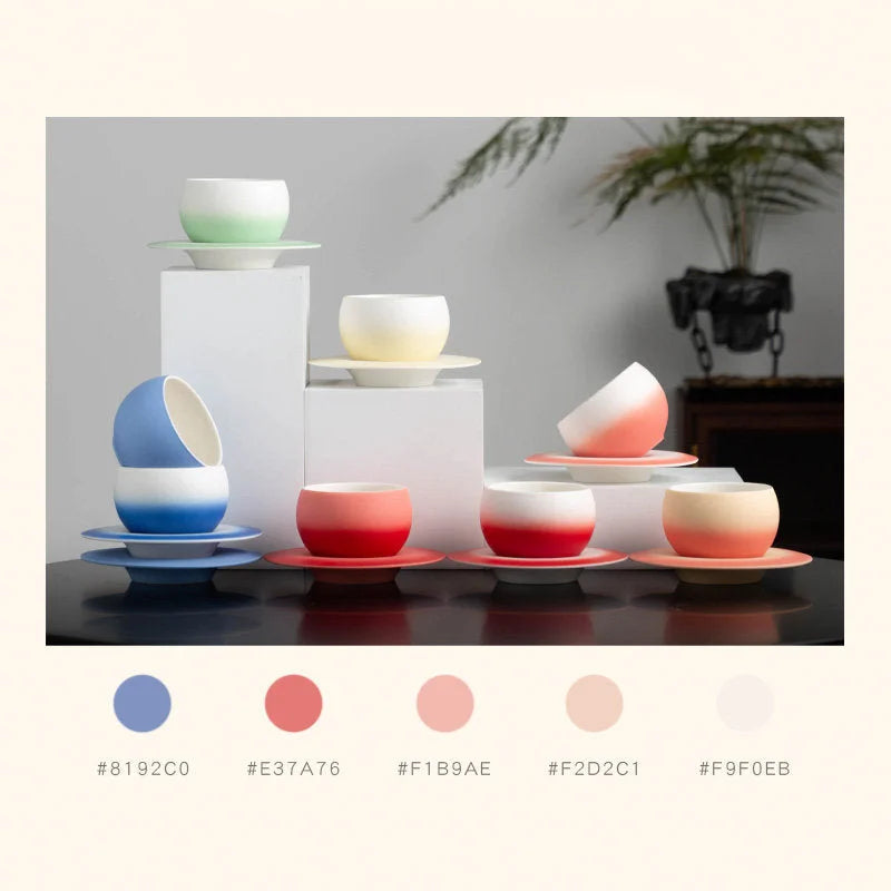 A colorful arrangement of the Ombre Ceramic Coffee Cup sets in blue, red, pink, and yellow. - RoomDen