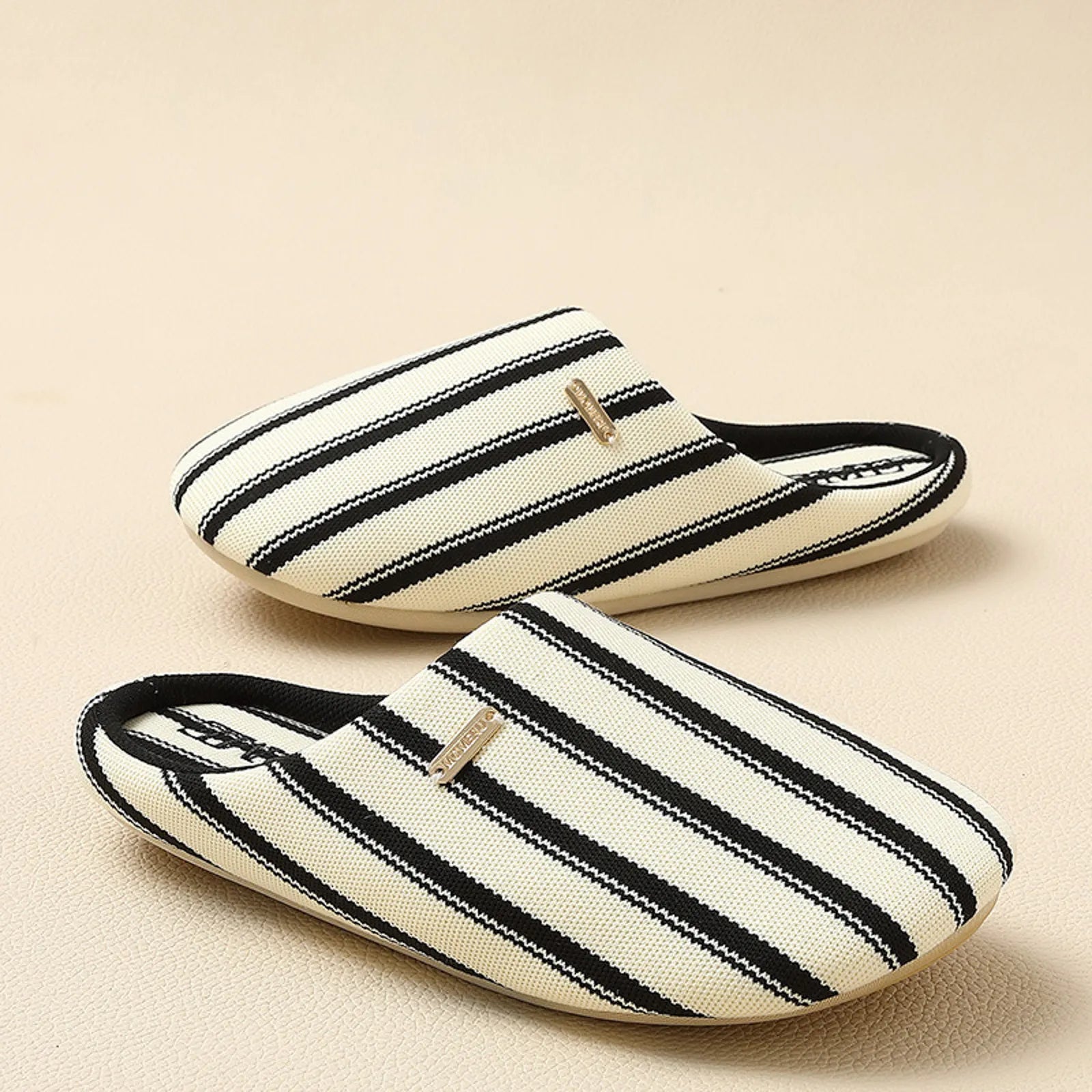 Isolated view of Beige Striped House Slippers pair - RoomDen