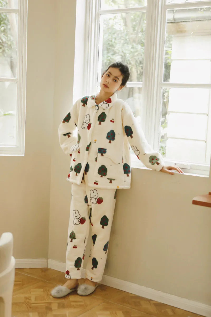 Relaxed Fit Flannel Pajama Pants and Top Set in Cream with Cute Pattern