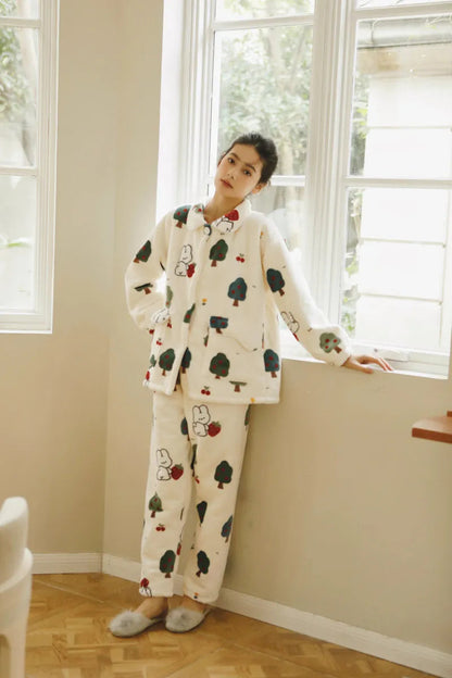 Relaxed Fit Flannel Pajama Pants and Top Set in Cream with Cute Pattern