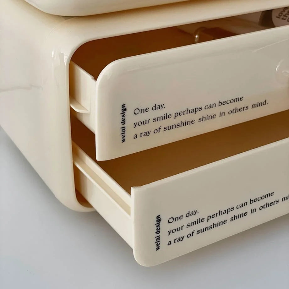 Detail shot of the two numbered drawers with minimalist text on the cream makeup organizer.