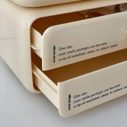 Detail shot of the two numbered drawers with minimalist text on the cream makeup organizer.