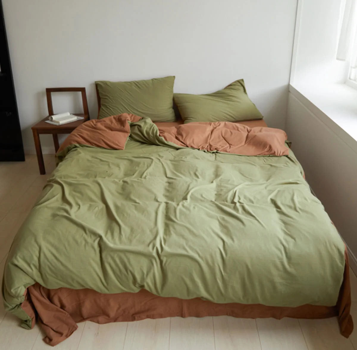 Full Bed Styling showing Olive & Cinnamon Jersey Cotton Bedding in Japandi Room - RoomDen