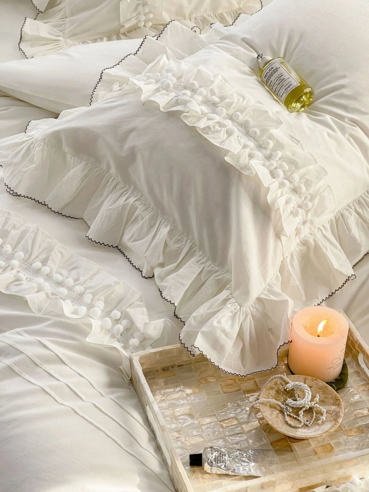 Lace-Trim Ruffle Washed Cotton Bedding Set, Ivory Cream, fabric and pillow details - Roomden