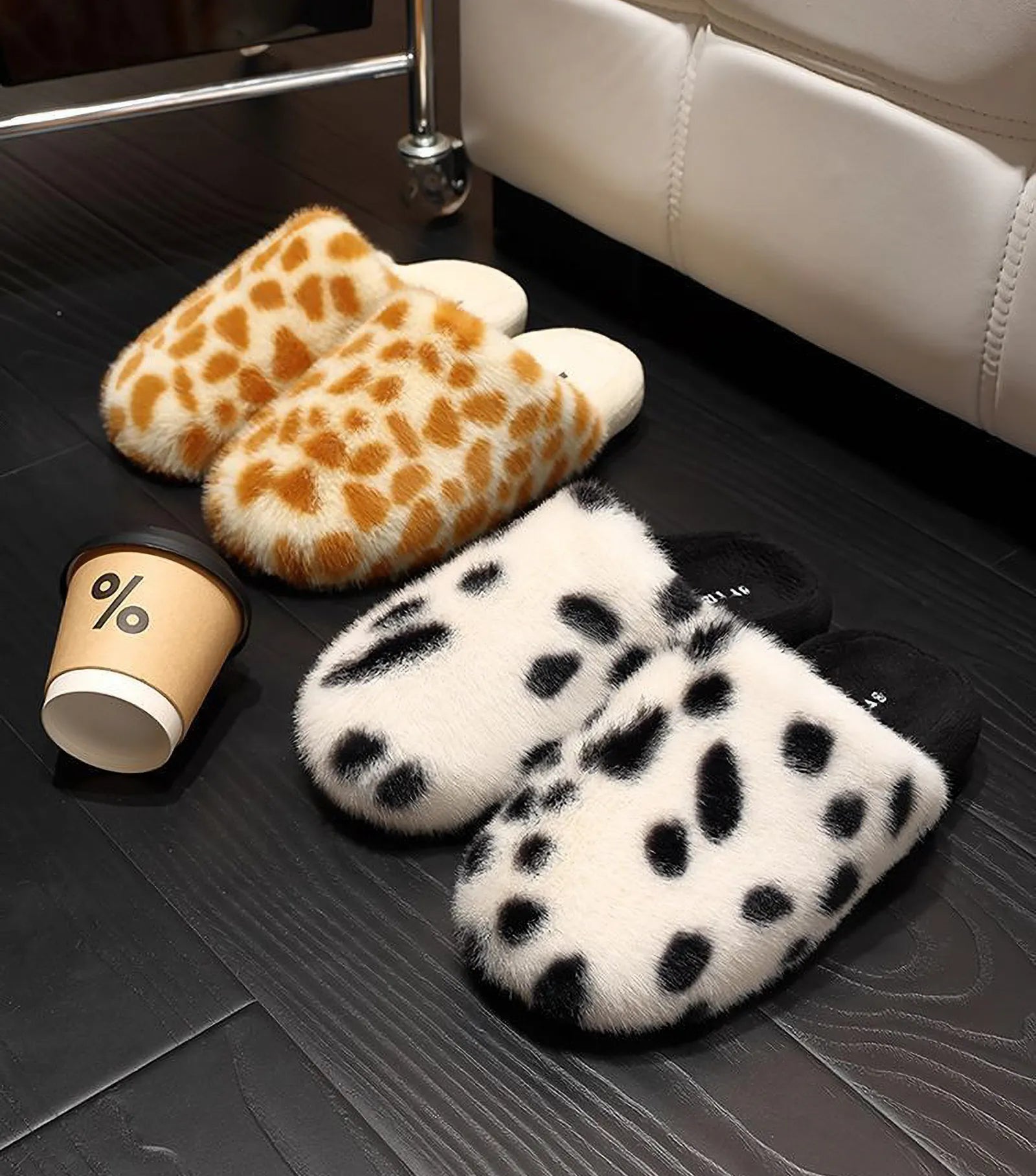Beige & Brown Spots and White & Black Spots slippers on floor with coffee cup