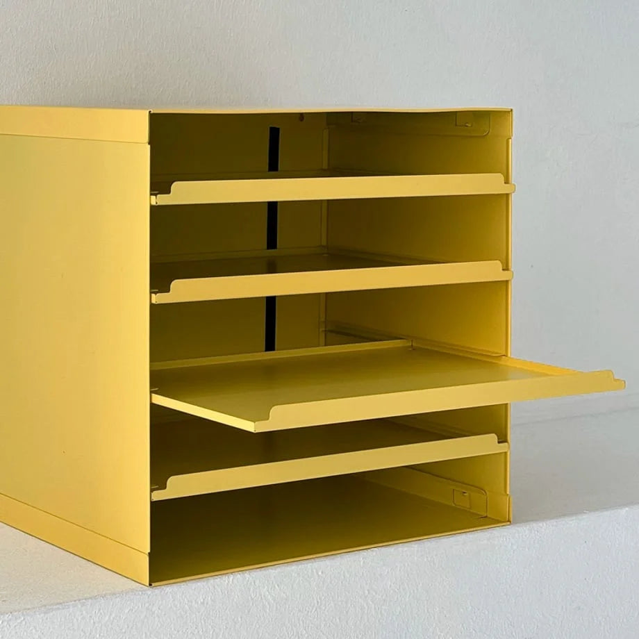 Detail shot showing the pull-out tray mechanism of the Sunny Yellow organizer - RoomDen.