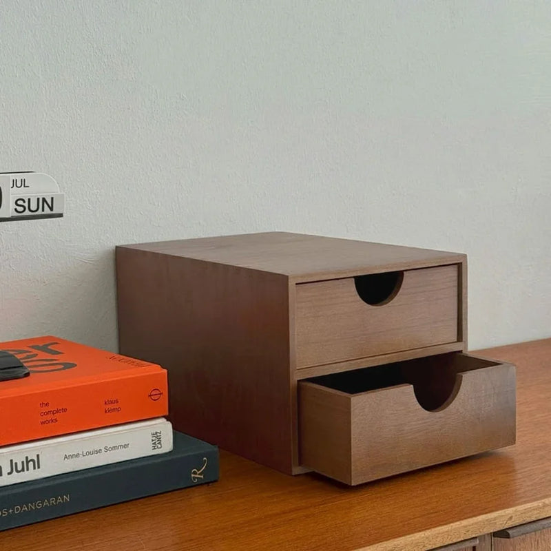 Smooth Minimalist Wood Desktop Organizer with two soft-pull drawers on a warm wooden desk. - RoomDen