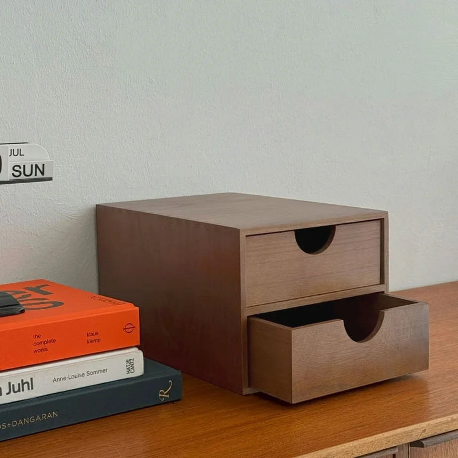 Close-up of the Smooth Minimalist Wood Desktop Organizer with two drawers on a wooden desk. - RoomDen