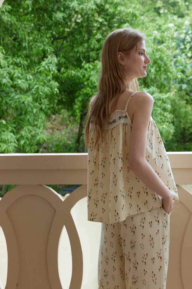 Side View of Yellow Floral Pajama Pants Set Outdoors - RoomDen