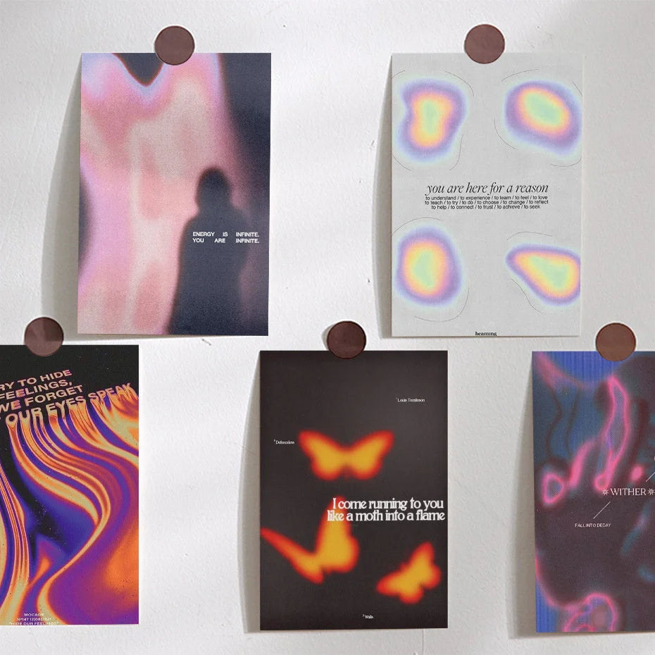 Close-up of five posters from the Aura Gradient wall collage kit, showing blurry text and abstract shapes. - RoomDen