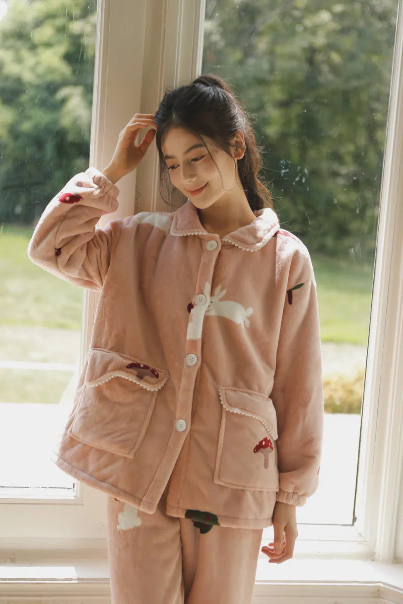 RoomDen Plush Rabbit & Mushroom Flannel Fleece Pajama Set - Front view showing pockets