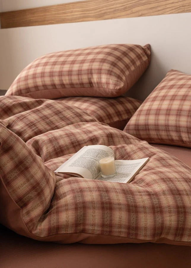 Gingham Double Gauze Cotton Bedding Set, Rustic Rose, bedroom view 4 - Roomden