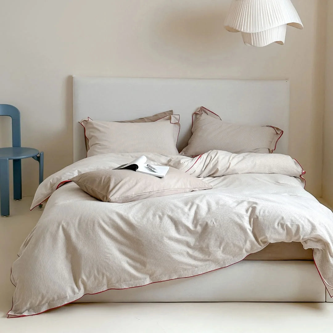 Full view of the Beige & Red Pinstripe Washed Cotton Bedding Set on a bed - RoomDen.