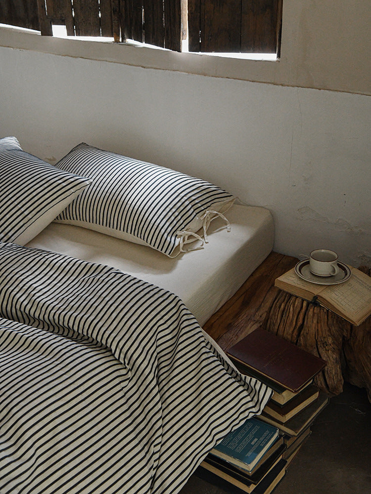 Ashfield Black Pinstripe Bedding Set – Black striped bedding viewed from above - Roomden