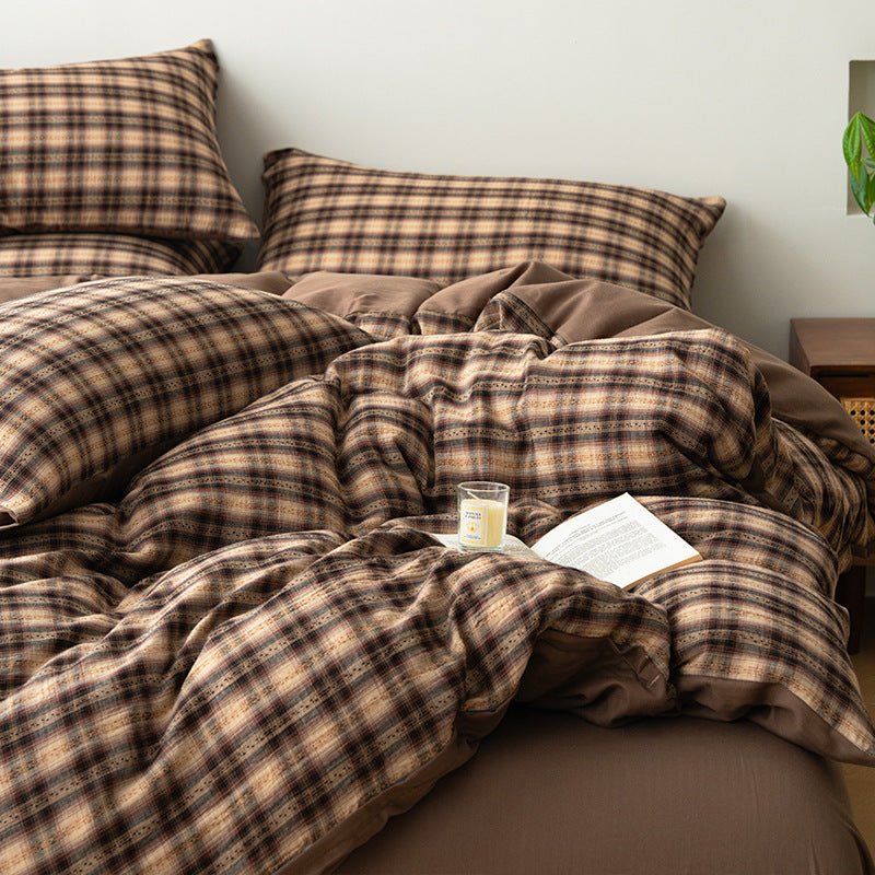 Gingham Double Gauze Cotton Bedding Set, Latte Tan, bedroom view 3 - Roomden