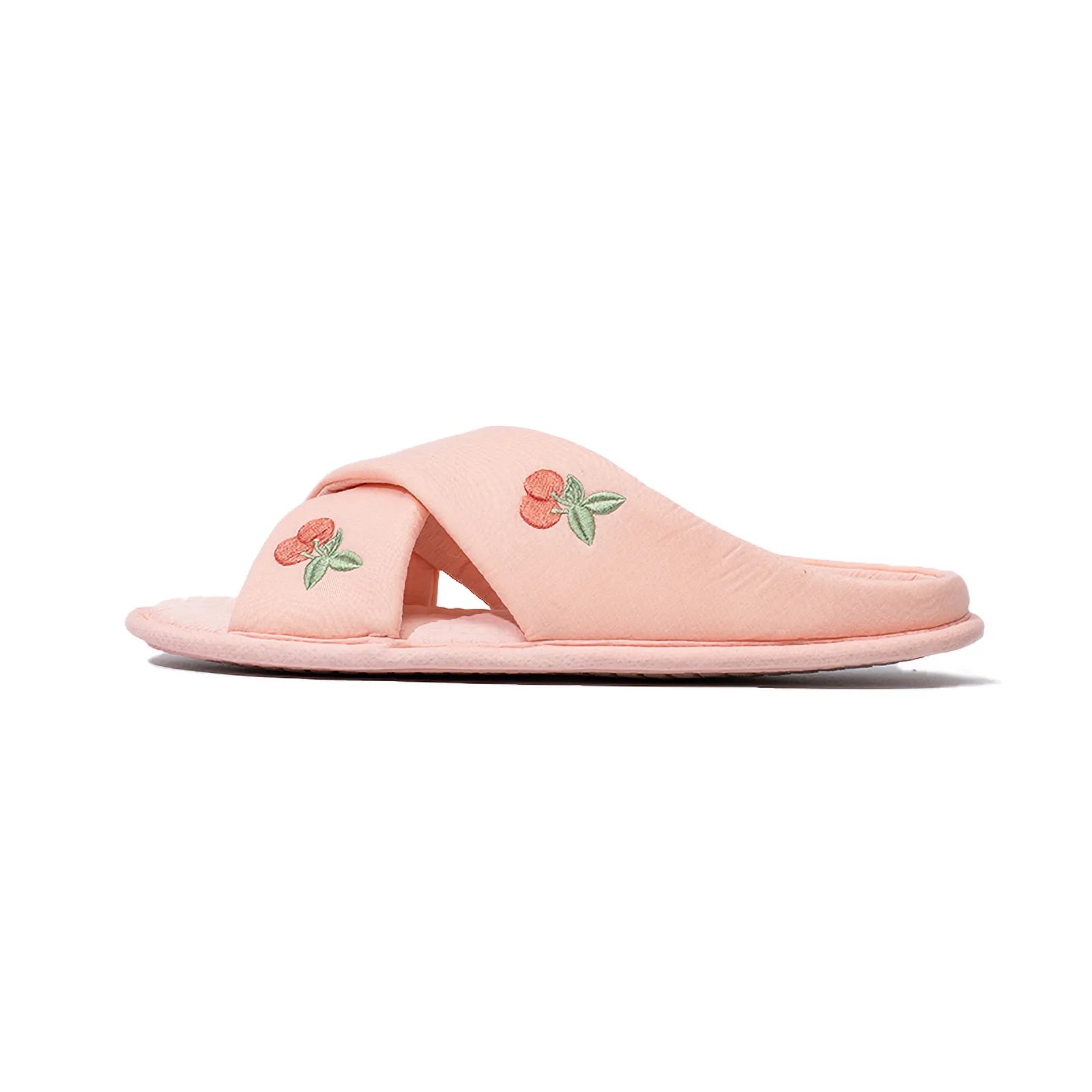 Side profile of pink cherry slippers showing fabric texture - RoomDen