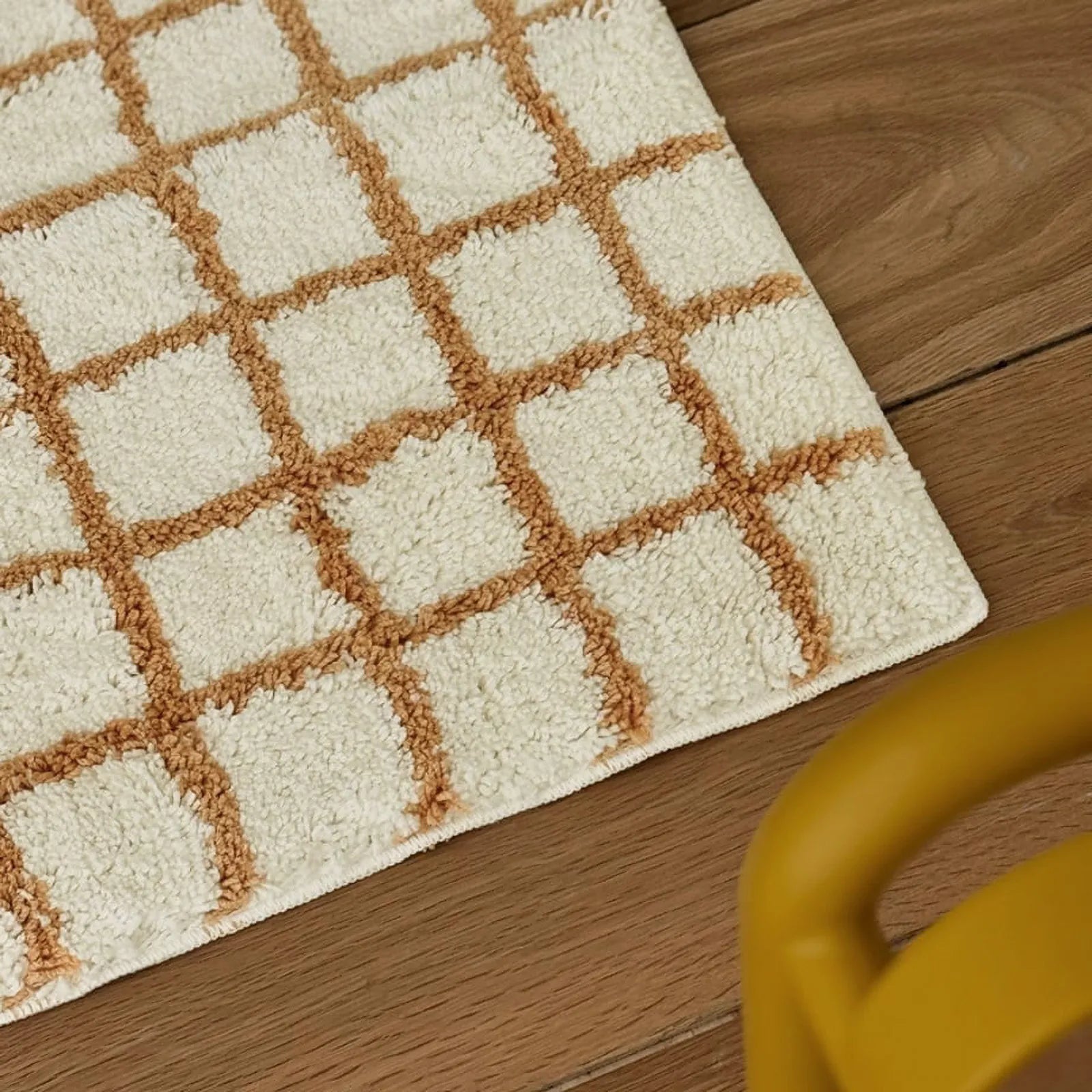 Tufted Shaggy Checkered Plush Accent Rugs - Close Up of Fuzzy Texture and Grid Detail