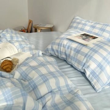Pale Blue Plaid Cotton Double Gauze Bedding Set