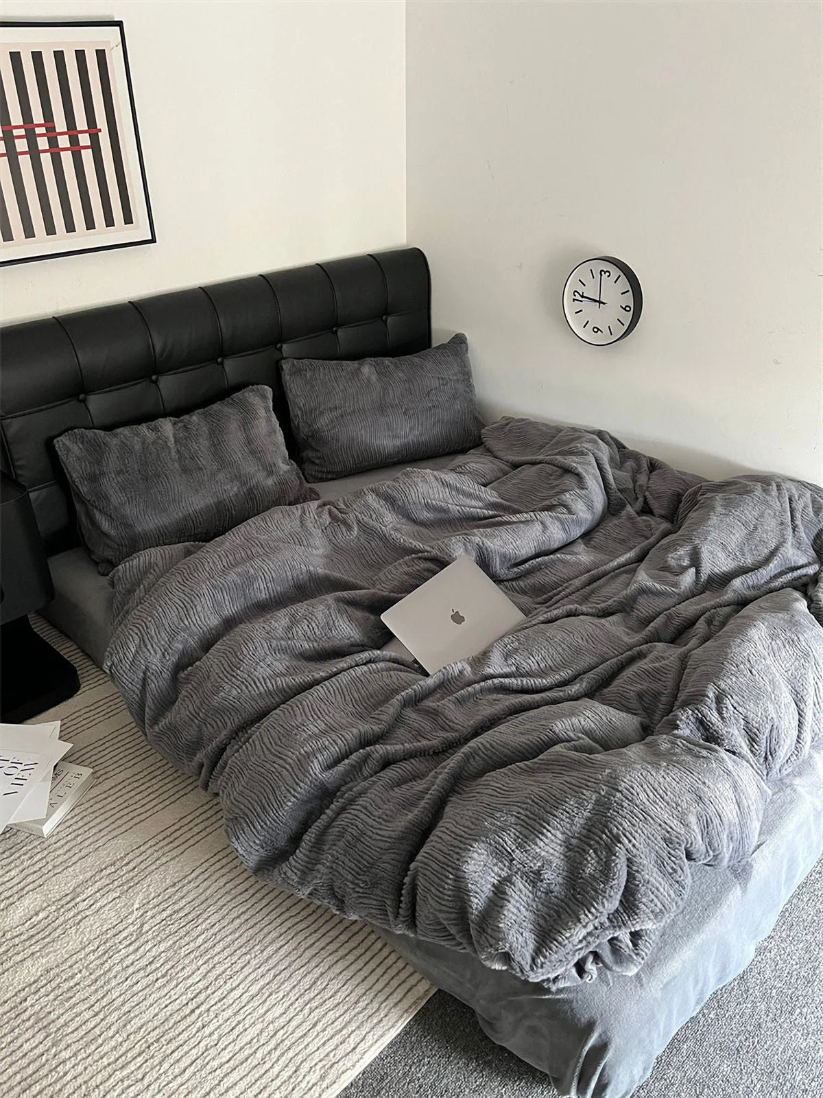 The Charcoal Grey fleece bedding set styled in a modern room, looking both chic and comfortable. - RoomDen
