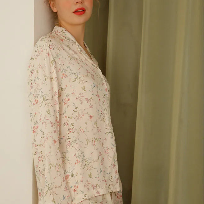 Close Up Detail of Beige Floral Cotton Sateen Pajama Top with Lace Trim - RoomDen
