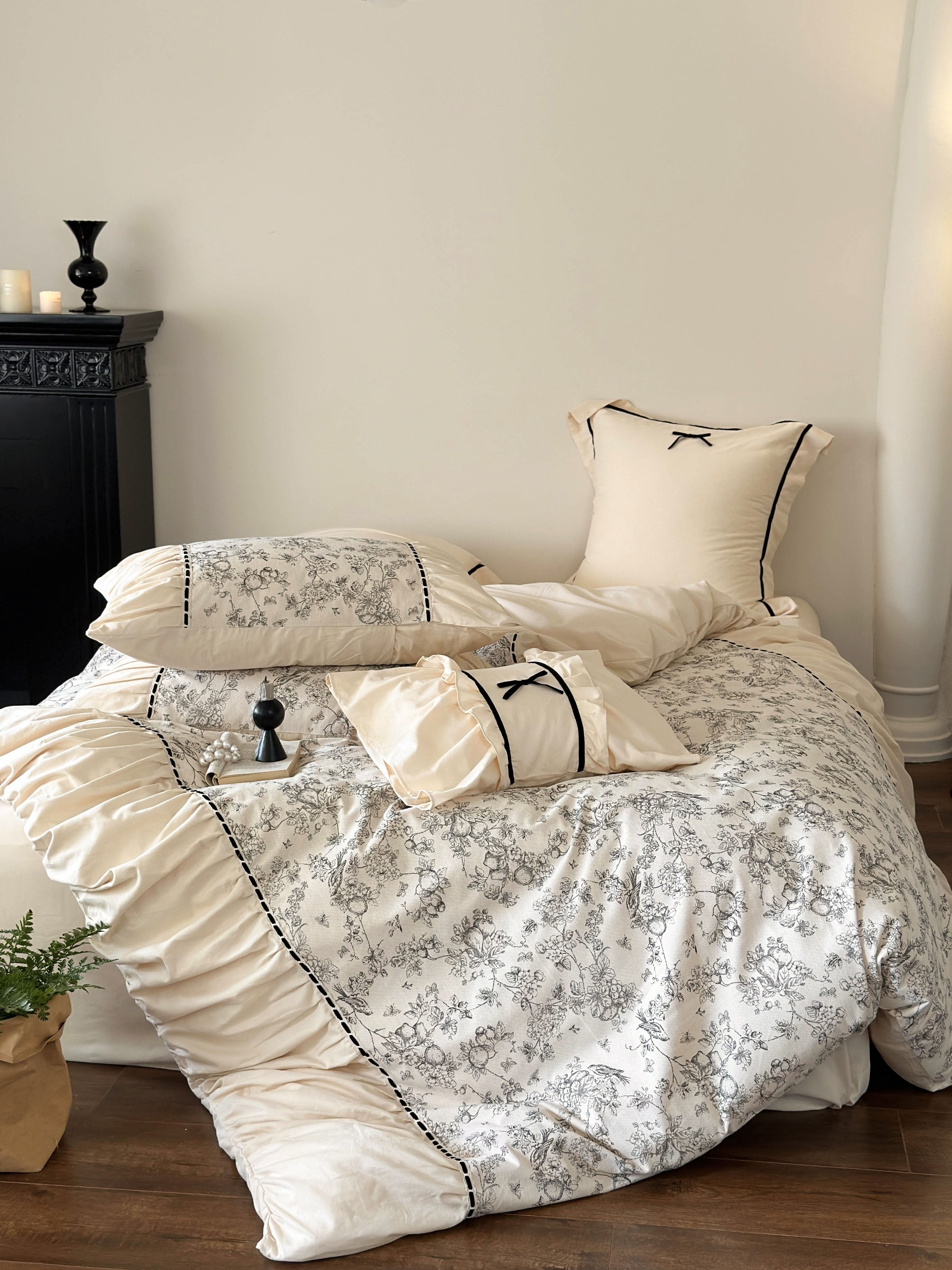 Beige washed cotton bedding set with delicate French floral pattern and romantic ruffled design – RoomDen
