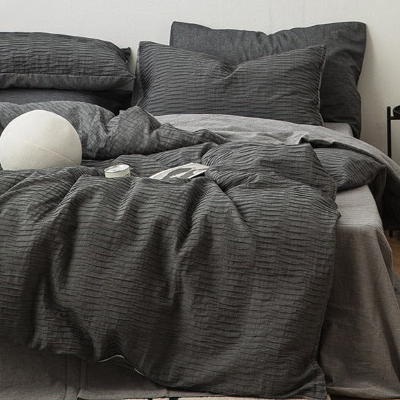 Ripple Textured Cotton Bedding Set, Dark Grey, bedroom view 2 - Roomden