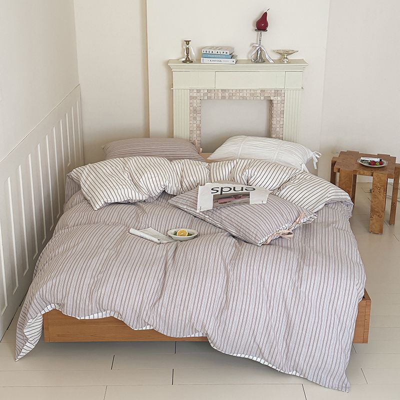 Washed Cotton Bow-Tie Pinstripe Bedding Set - Gray