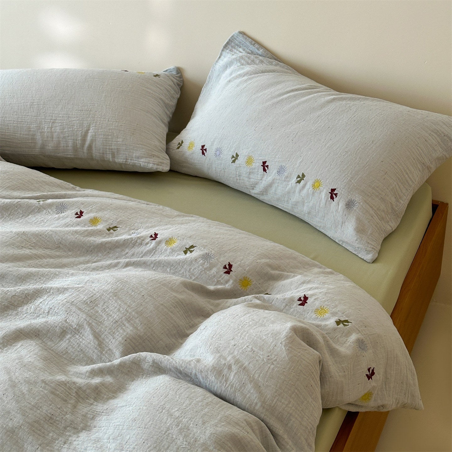 Marisol Embroidered Double Gauze Bedding Set - Fog Grey