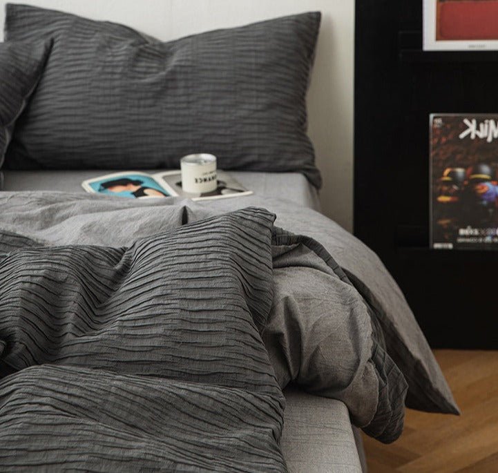 Ripple Textured Cotton Bedding Set, Dark Grey, bedroom view 4 - Roomden