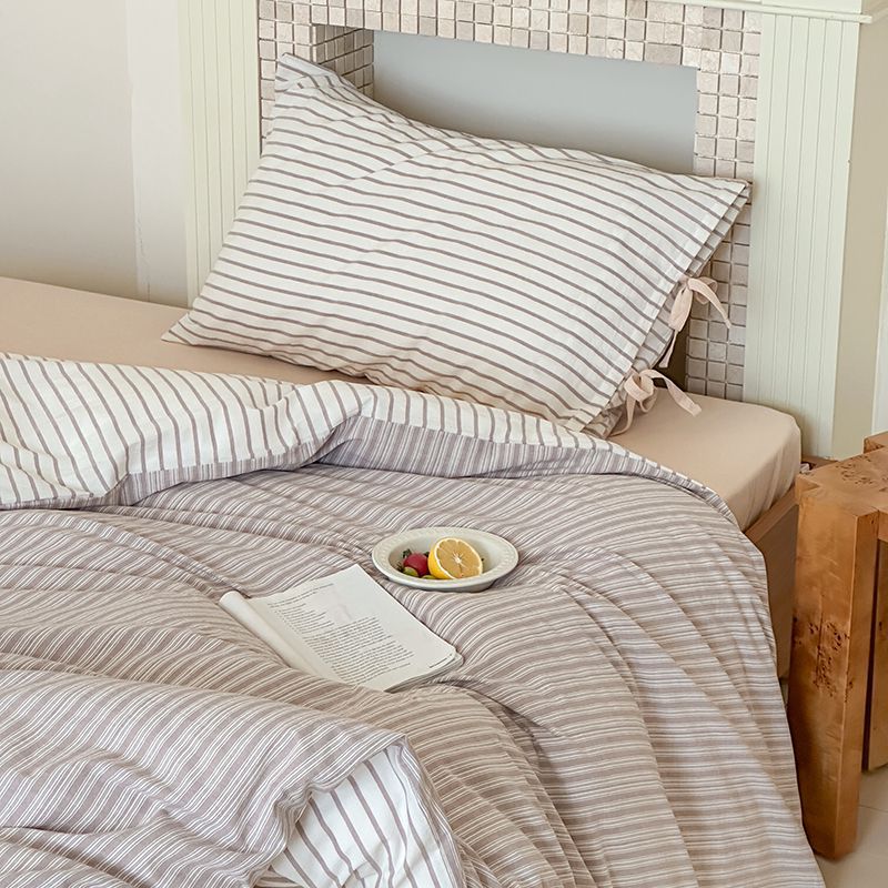 Washed Cotton Bow-Tie Pinstripe Bedding Set - Gray