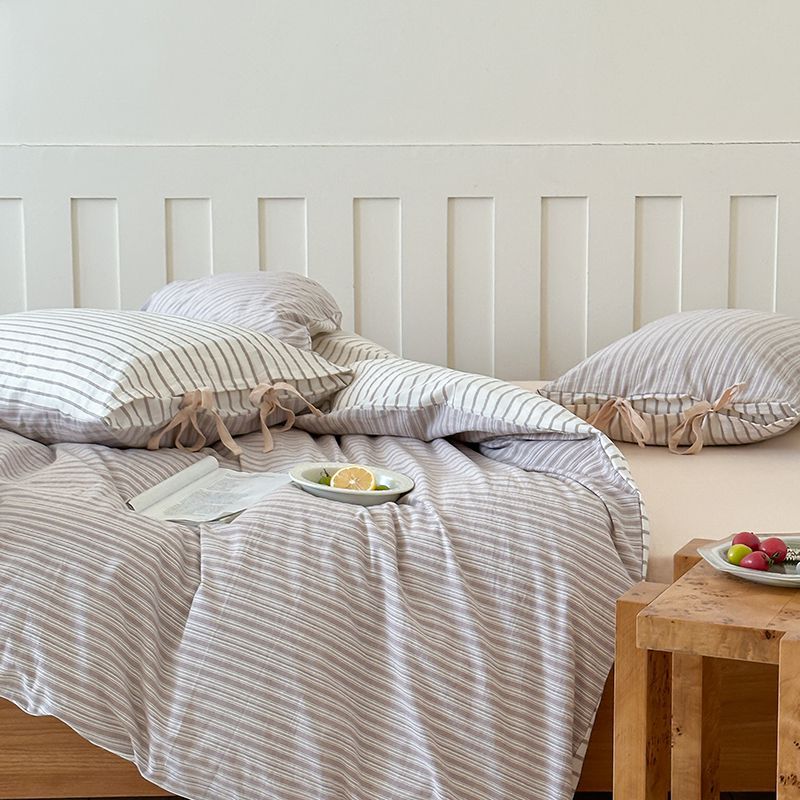 Washed Cotton Bow-Tie Pinstripe Bedding Set - Gray