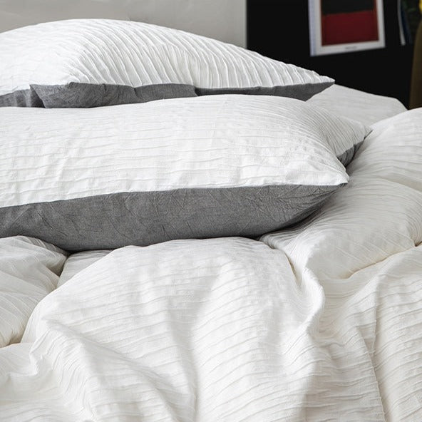 Ripple Textured Cotton Bedding Set, White & Grey, fabric and pillow detail 7 - Roomden